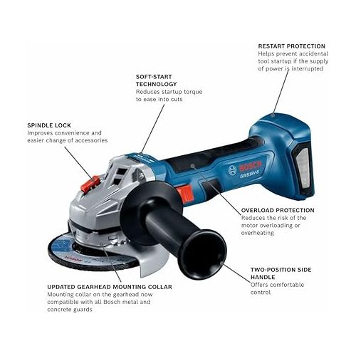  BOSCH GWS18V-8N 18V Brushless 4-1/2 In. Angle Grinder with Slide Switch (Bare Tool),Black/grey/blue