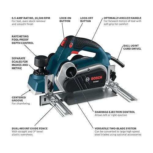  BOSCH 3-1/4 Inch Woodworking Hand Planer with Carrying Case, PL2632K