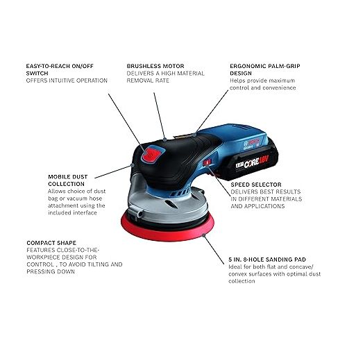  Bosch GEX18V-5B15 18V Brushless 5-Inch Random Orbit Sander Kit with 4.0Ah Battery and Mobile Dust Collection Plus Vacuum Hose Attachment Option (Renewed)