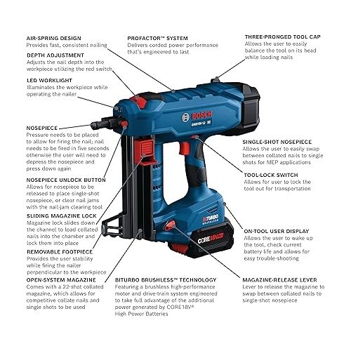  BOSCH GNB18V-12K14 PROFACTOR™ 18V Concrete Nailer Kit with (1) CORE18V® 8 Ah High Power Battery