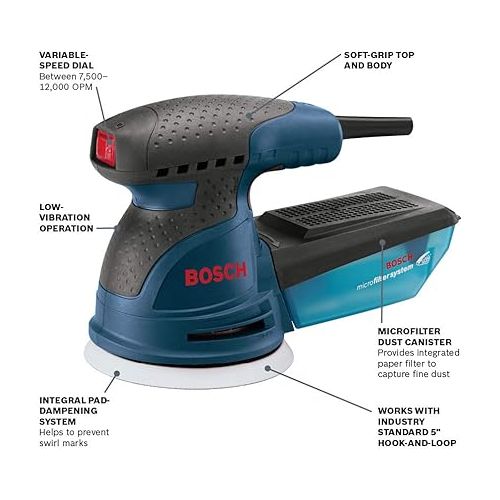  BOSCH ROS20VSC Palm Sander 2.5 Amp 5 Inch Corded Variable Speed Random Orbital Sander, Polisher Kit with Dust Collector and Soft Carrying Bag