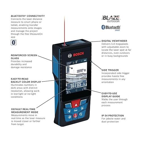  BOSCH GLM400CL 400 Ft BLAZE Outdoor Connected Laser Measure, Includes 1.0 Ah 3.7V Lithium-Ion Battery & Charger, Micro USB Cable, Hand Strap, & Pouch