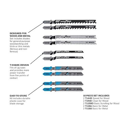  BOSCH T5002 T-Shank Multi-Purpose Jigsaw Blades, 10 Piece, Assorted, Jig Saw Blade Set for Cutting Wood and Metal