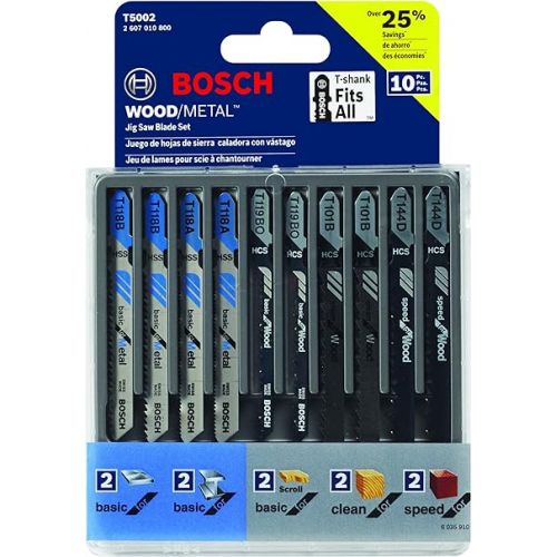  BOSCH T5002 T-Shank Multi-Purpose Jigsaw Blades, 10 Piece, Assorted, Jig Saw Blade Set for Cutting Wood and Metal