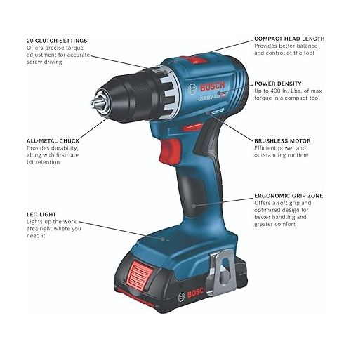  BOSCH GSR18V-400B22 18V Compact Brushless 1/2 In. Drill/Driver Kit with (2) 2 Ah Standard Batteries