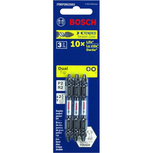  BOSCH ITDEP2R22503 3-Pack 2-1/2 In. Phillips/Square #2 Impact Tough Double-Ended Screwdriving Bits