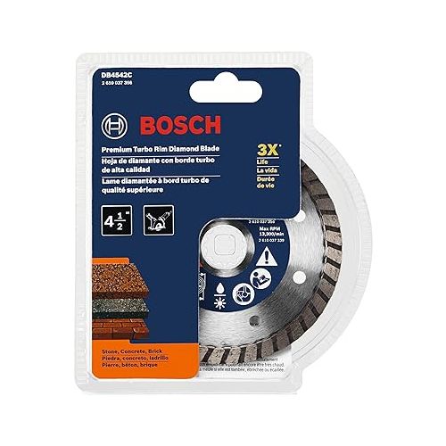  BOSCH DB4542C 4-1/2 In. Premium Turbo Rim Diamond Blade with 5/8 In, 7/8 In. Arbor for Smooth Cut Wet/Dry Cutting Applications in Stone, Concrete, Brick, Silver