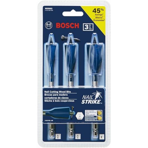  BOSCH NS5003 3-Piece Nail Strike Wood-Boring Spade Bits Assorted Set Optimized for Wood and Wood with Nails