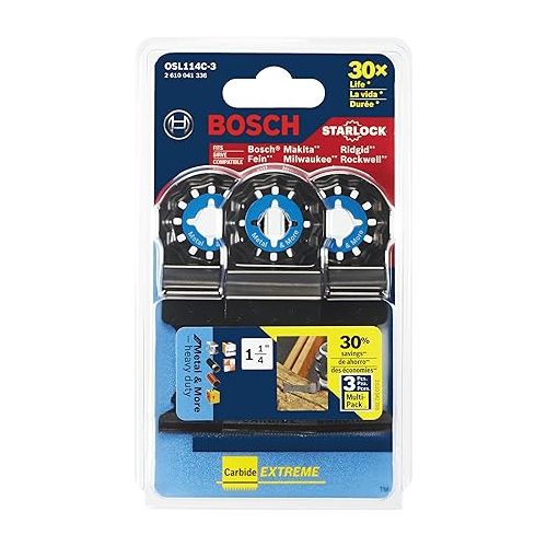  BOSCH OSL114C-3 3-Pack 1-1/4 In. Starlock Oscillating Multi Tool Metal & More Carbide Extreme Plunge Cut Blades for Cutting Iron Bar, Metal, Wood with Nails, Drywall and Tile