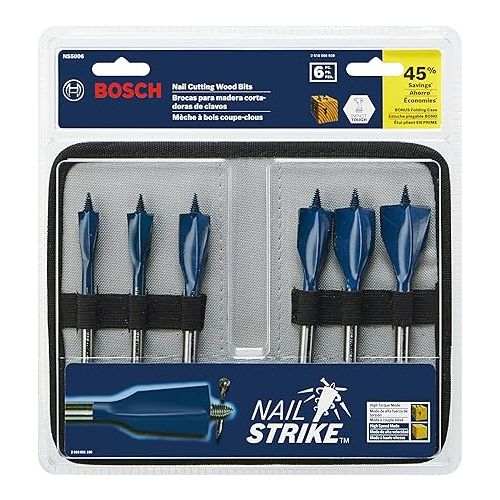  BOSCH NS5006 6-Piece Nail Strike Wood-Boring Spade Bits Assorted Set with Included Pouch Optimized for Wood and Wood with Nails