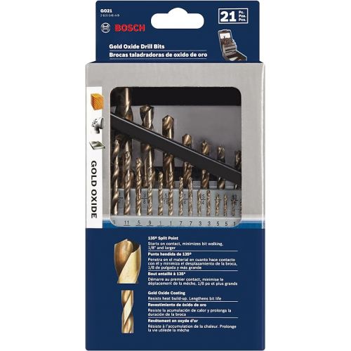  BOSCH GO21 21-Piece Assorted Set Gold Oxide Drill Bits with Included Case Standard Shank Diameters for General Purpose Applications in Wood, Plastic, Light-Gauge Metal