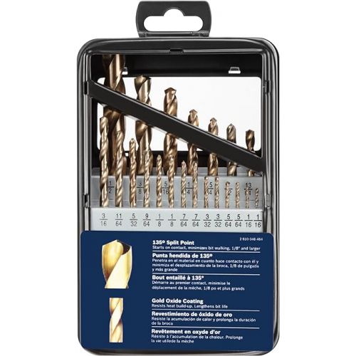  BOSCH GO21 21-Piece Assorted Set Gold Oxide Drill Bits with Included Case Standard Shank Diameters for General Purpose Applications in Wood, Plastic, Light-Gauge Metal