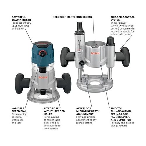  BOSCH MRC23EVSK Combination Router 15 Amp 2.3 Horsepower Corded Variable Speed Combination Plunge & Fixed-Base Router Kit with Hard Case