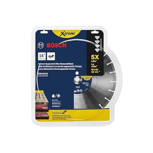  BOSCH DB1441E 14 In. Xtreme Segmented Rim Diamond Blade with 1 In. Arbor for Fast Cut Wet/Dry Cutting Applications in Reinforced Concrete, Brick, Stone