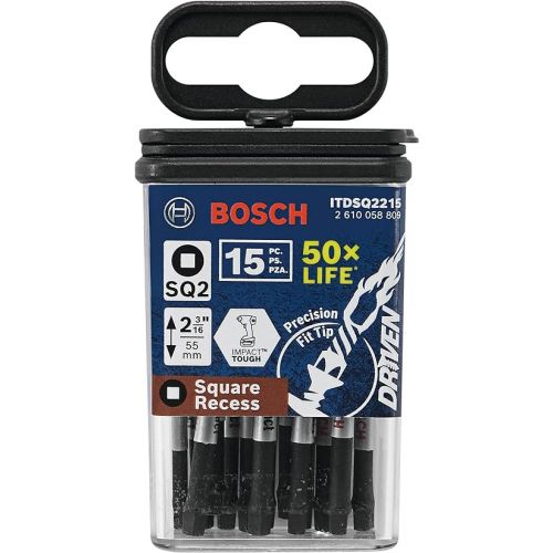  BOSCH ITDSQ2215 15-Pack 2 In. Driven Square #2 Impact Tough Screwdriving Power Bits