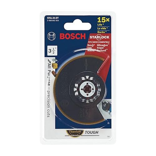  BOSCH OSL312T 3-1/2 In. Starlock Oscillating Multi Tool Grout & Abrasive Titanium-Coated Bi-Metal Segmented Saw Blade for Applications in Wood, Wood with Nails, Drywall, PVC, Metal (Nails and Staples)