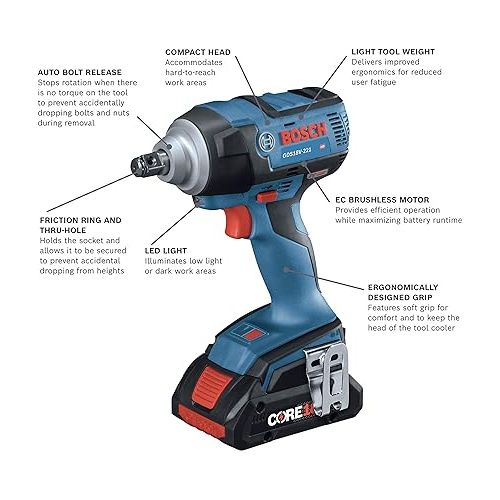  BOSCH GDS18V-221B25 18V EC Brushless 1/2 In. Impact Wrench Kit with (2) CORE18V 4.0 Ah Compact Batteries