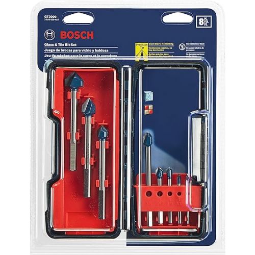  BOSCH GT3000 8-Piece Glass and Tile Carbide Hammer Drill Bits Assorted Set with Included Storage Case for Fast Drilling in Glass and Tile, Easy Application with No Water Required