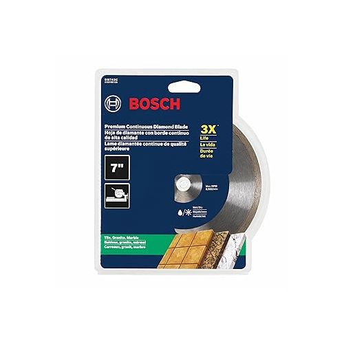  BOSCH DB743C 7 In. Premium Continuous Rim Diamond Blade with 5/8 In. Arbor for Clean Cut Wet/Dry Cutting Applications in Tile, Granite, Marble