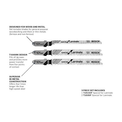  BOSCH T503 3-Piece Hardwood/Laminate Flooring T-Shank Jig Saw Blade Set, Silver