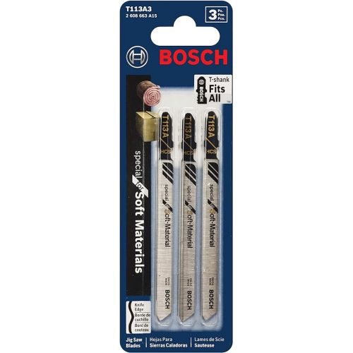  BOSCH T113A3 3-Pack 4 In. Knife Edge T-Shank Jig Saw Blades Ideal for Applications in Soft Materials, Cardboard, Leather, Carpeting, Polystyrene