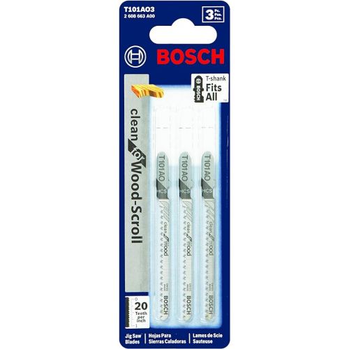  BOSCH T101AO3 3-Piece 3-1/4 In. 20 TPI Clean for Wood T-Shank Jig Saw Blades, Black