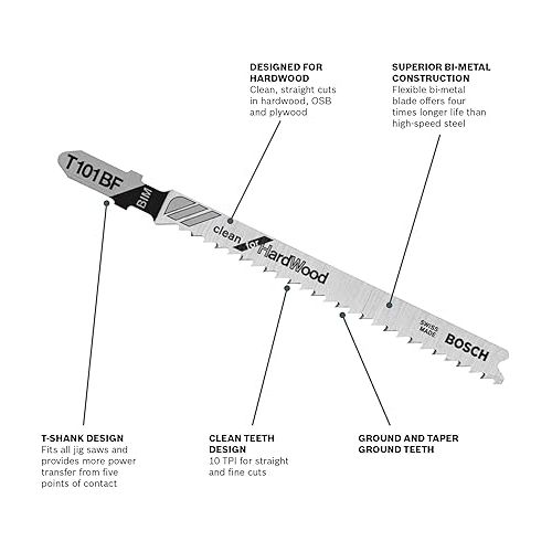  BOSCH T101BF 5-Piece 4 In. 10 TPI Variable Pitch Clean for Hardwood T-Shank Jig Saw Blades , Silver