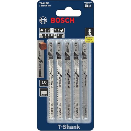  BOSCH T101BF 5-Piece 4 In. 10 TPI Variable Pitch Clean for Hardwood T-Shank Jig Saw Blades , Silver