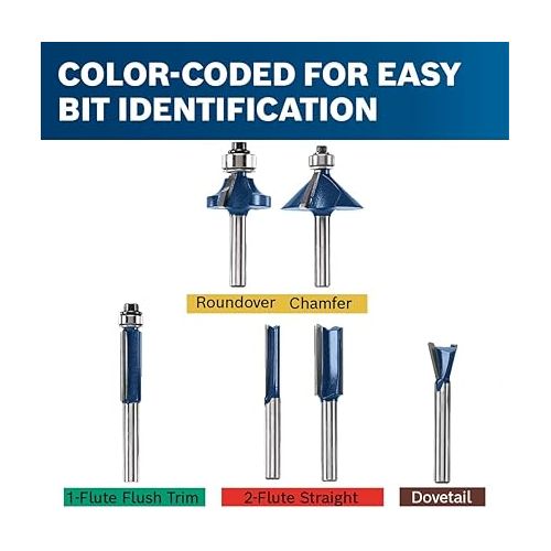  BOSCH RBS006 6-Piece 1/4 In. Shank Carbide-Tipped Multi-Purpose Router Bits Assorted Set with Included Storage Case for Applications in Straight, Trimming, Decorative Edging, Dovetail Joinery