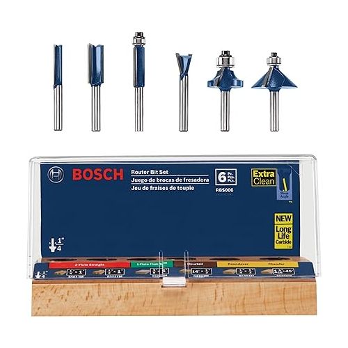  BOSCH RBS006 6-Piece 1/4 In. Shank Carbide-Tipped Multi-Purpose Router Bits Assorted Set with Included Storage Case for Applications in Straight, Trimming, Decorative Edging, Dovetail Joinery