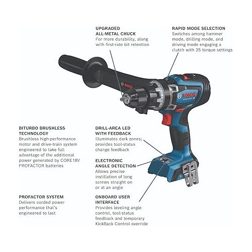  BOSCH GSB18V-1330CN PROFACTOR™ 18V Connected-Ready 1/2 In. Hammer Drill/Driver (Bare Tool), Black Blue