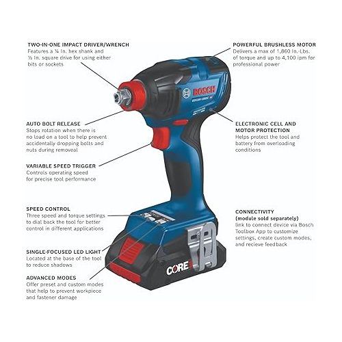  BOSCH GXL18V-260B26 18V 2-Tool Combo Kit with 1/2 In. Hammer Drill/Driver, 1/4 In. and 1/2 In. Two-In-One Bit/Socket Impact Driver, (1) CORE18V 8 Ah Battery and (1) CORE18V 4 Ah Battery
