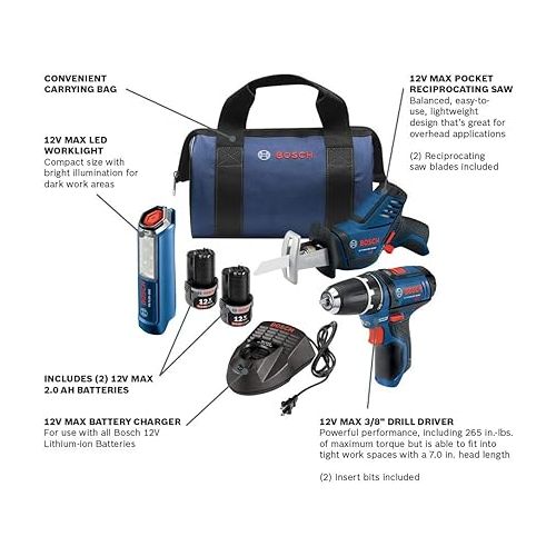  BOSCH Power Tools Combo Kit GXL12V-310B22 - 12V Max 3-Tool Set with 3/8 In. Drill/Driver, Pocket Reciprocating Saw and LED Worklight,Black/Blue