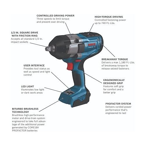  BOSCH GDS18V-740N PROFACTOR™ 18V 1/2 In. Impact Wrench with Friction Ring (Bare Tool)