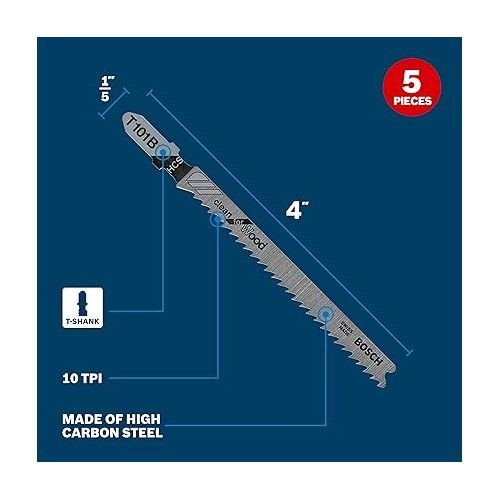  BOSCH T101B 4-Inch 10-Tooth T-Shank Jig Saw Blades (5-Pack), Silver