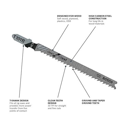  BOSCH T101B 4-Inch 10-Tooth T-Shank Jig Saw Blades (5-Pack), Silver