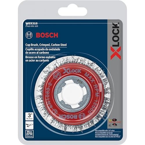  BOSCH WBX318 3 In. X-LOCK Arbor Carbon Steel Crimped Wire Cup Brush For Applications in Removing Weld Scale, Burrs and Corrosion, Preparing Painting Surfaces