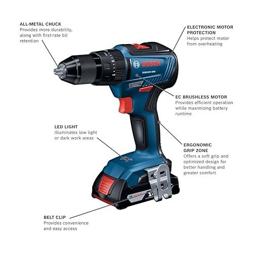  BOSCH GSB18V-490B12 18V EC Brushless 1/2 In. Hammer Drill/Driver Kit with (1) 2 Ah Standard Power Battery