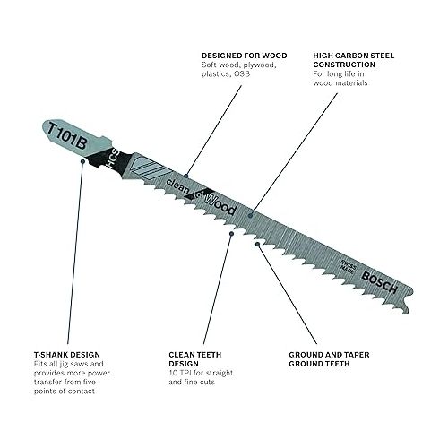  BOSCH T101B100 100-Pack 4 In. 10 TPI T-Shank Jig Saw Blades Ideal for Clean Cuts in Hard & Soft Wood, Plywood, Plastics, OSB, Laminated Particle Board