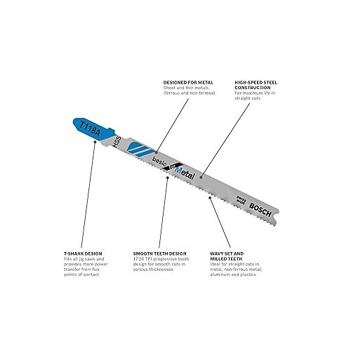  BOSCH T118B 5-Piece 3-5/8 In. 11-14 TPI Basic for Metal T-Shank Jig Saw Blades