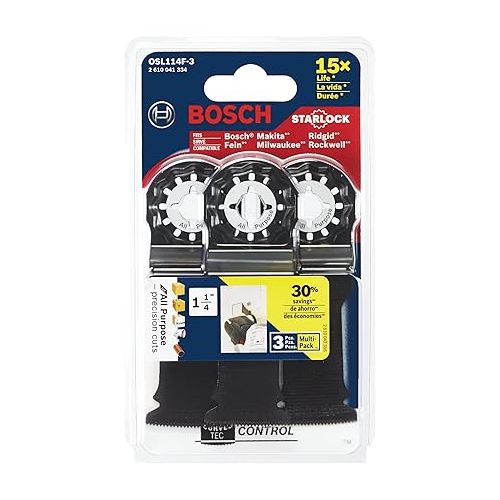  BOSCH OSL114F-3 3-Pack 1-1/4 In. Starlock Oscillating Multi Tool All Purpose Bi-Metal Plunge Cut Blades for Applications in Wood, Wood with Nails, Drywall, PVC, Metal (Nails and Staples)