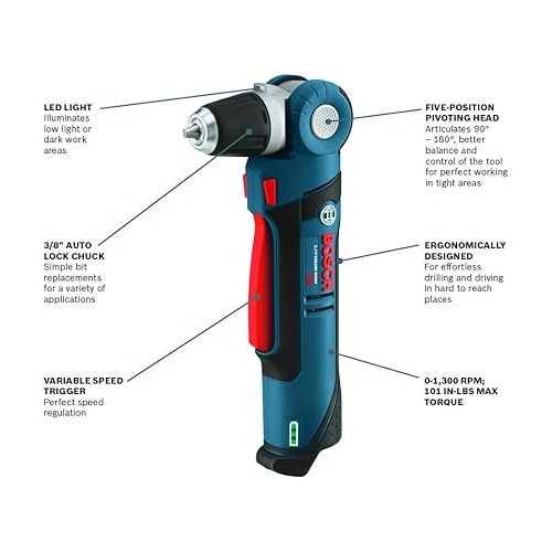  BOSCH PS11-102 12V Max 3/8 In. Right Angle Drill/Driver Kit with 2.0Ah Lithium Ion Battery