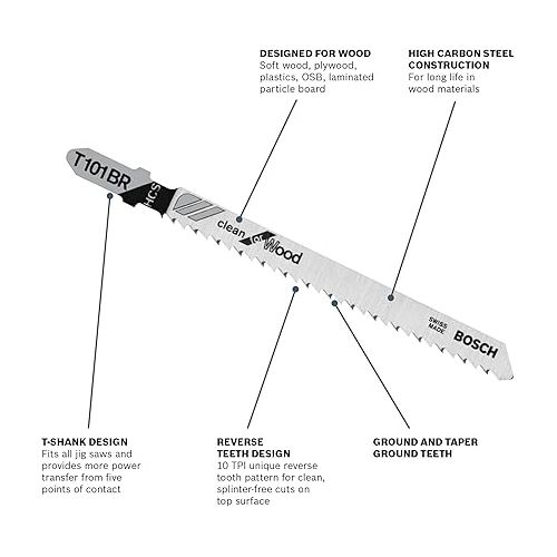  BOSCH T101BR 5-Piece 4 In. 10 TPI Reverse Pitch Clean for Wood T-Shank Jig Saw Blades