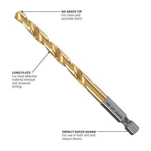  BOSCH TI2131IM 1-Piece 1/16 In. x 2 In. Titanium Nitride Coated Metal Drill Bit Impact Tough with Impact-Rated Hex Shank Ideal for Heavy-Gauge Carbon Steels, Light Gauge Metal, Hardwood