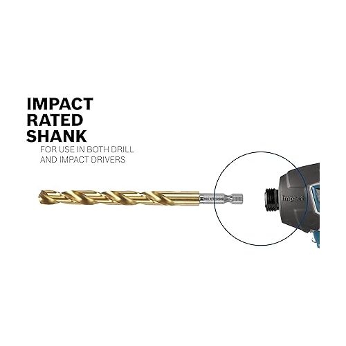  BOSCH TI2131IM 1-Piece 1/16 In. x 2 In. Titanium Nitride Coated Metal Drill Bit Impact Tough with Impact-Rated Hex Shank Ideal for Heavy-Gauge Carbon Steels, Light Gauge Metal, Hardwood