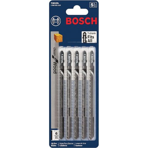  BOSCH T301DL 5-Piece 5 In. 6 TPI Clean for Wood T-Shank Jig Saw Blades,Black