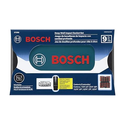  BOSCH 27286 1/2 In. Shank 9-Piece Assorted Set with Brute Tough Case Impact Tough Deep Well Sockets for Applications in High Torque Driving and Fastening