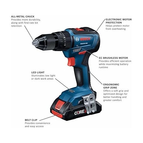  BOSCH GXL18V-233B25 18V 2-Tool Combo Kit with 1/2 In. Hammer Drill/Driver, Two-In-One 1/4 In. and 1/2 In. Bit/Socket Impact Driver/Wrench and (2) CORE18V® 4 Ah Advanced Power Batteries