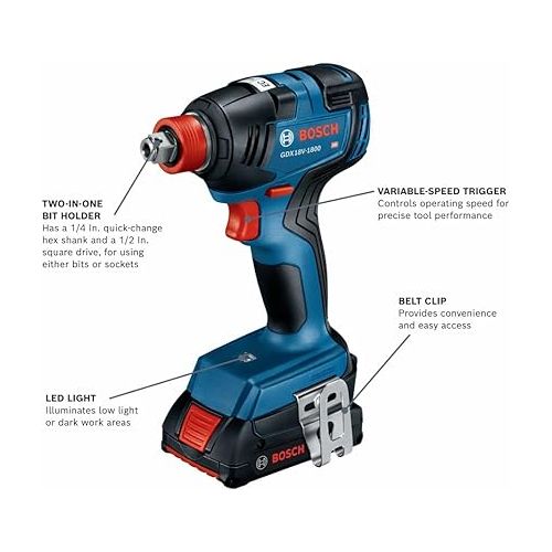 BOSCH GXL18V-233B25 18V 2-Tool Combo Kit with 1/2 In. Hammer Drill/Driver, Two-In-One 1/4 In. and 1/2 In. Bit/Socket Impact Driver/Wrench and (2) CORE18V® 4 Ah Advanced Power Batteries