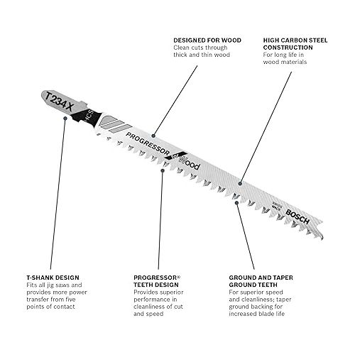  BOSCH T345x F3-Piece 4-1/2 In. 8-12 TPI Progressor for Wood T-Shank Jig Saw Blades